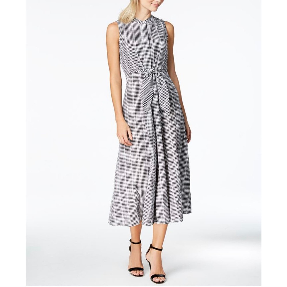 Calvin Klein Black-and-White Gingham Sleeveless Tie-Waist Midi Dress